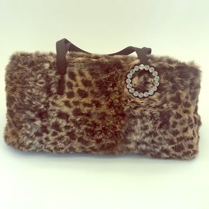 Rhinestone Jeweled leopard fur hand bag